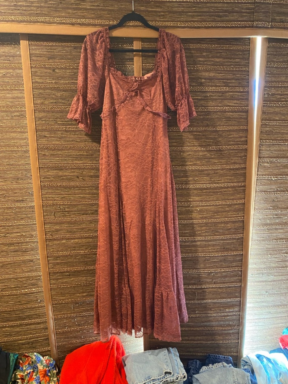 Joyfolie Rust Lace Maxi Dress with Flutter Sleeves